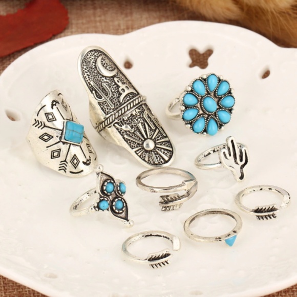 9 Pcs Boho Silver Turquoise Ring Set Gypsy NEW - Picture 3 of 4